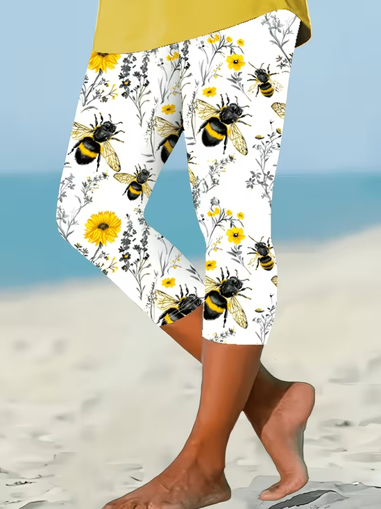 Women Floral Capris Elastic Waist Pants Casual Summer Trousers