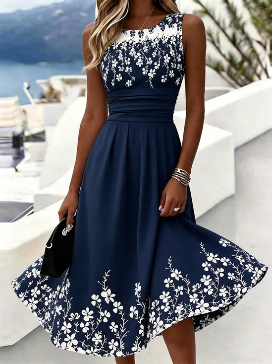 Women Floral Summer Dress Crew
                                    Neck Sleeveless A-Line Dress