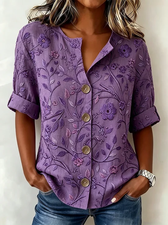 V Neck Half Sleeve Floral Regular Loose Shirt For Women