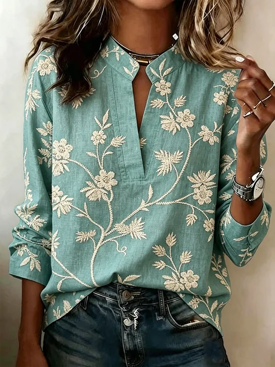 V Neck Long Sleeve Floral Regular Loose Blouse For Women