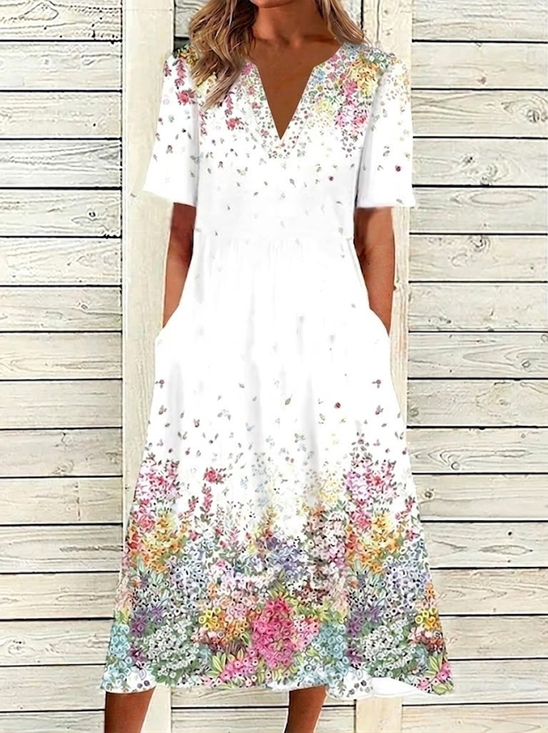 Women Floral Summer Dress Short
                                    Sleeve A-Line Dress