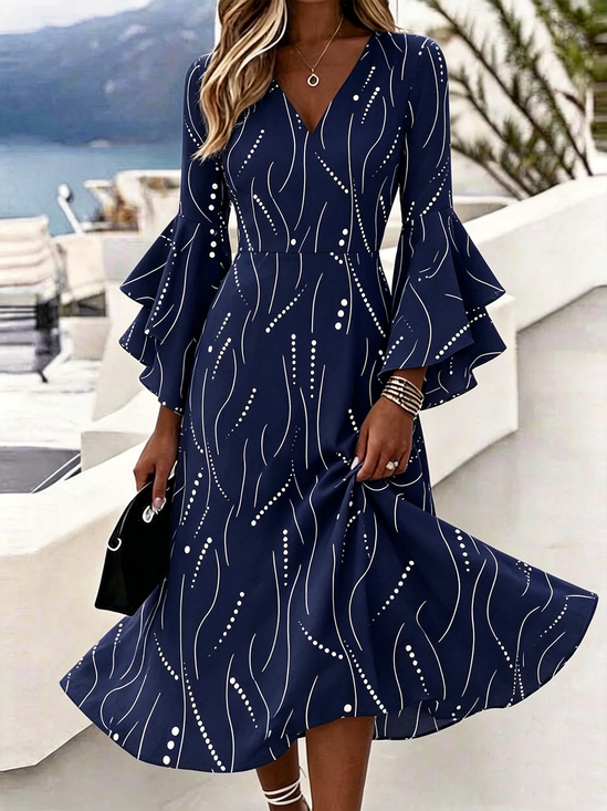 Women Striped Bell Sleeve Summer Dress V Neck Half Sleeve A-Line Dress