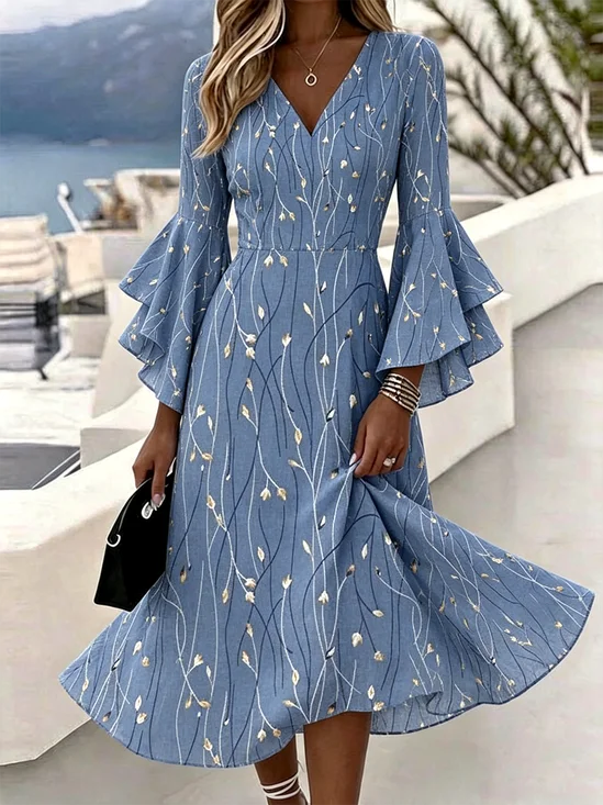 Women Floral Bell Sleeve Summer Dress V Neck Half Sleeve A-Line Dress