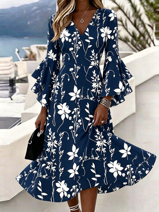 Women Floral Bell Sleeve Summer Dress V Neck Half Sleeve A-Line Dress