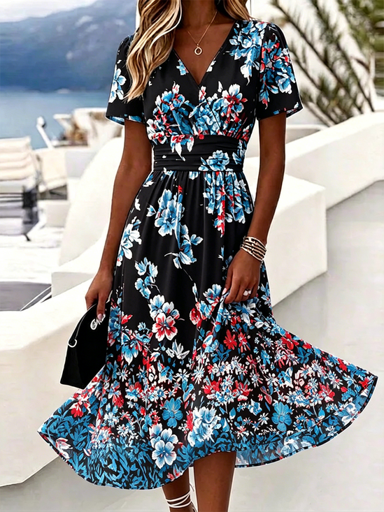 Women Floral Summer Dress V Neck Short Sleeve Beach Dress A-Line Dress