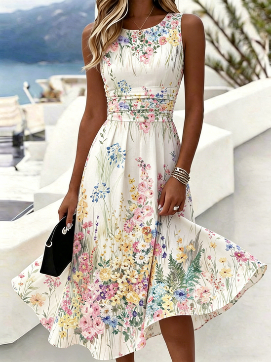 Women Floral Summer Dress Crew
                                    Neck Sleeveless A-Line Dress