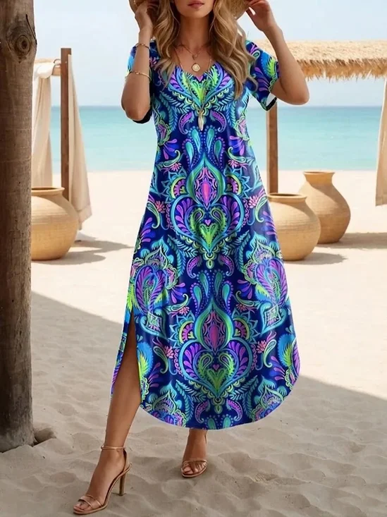 Women Ethnic Summer Printing
                                    Dress Crew Neck Short Sleeve T-Shirt
                                    Dress H-Line Dress