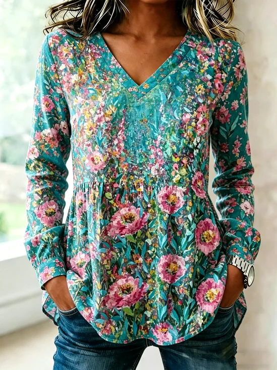 V Neck Long Sleeve Floral Regular Loose Shirt For Women