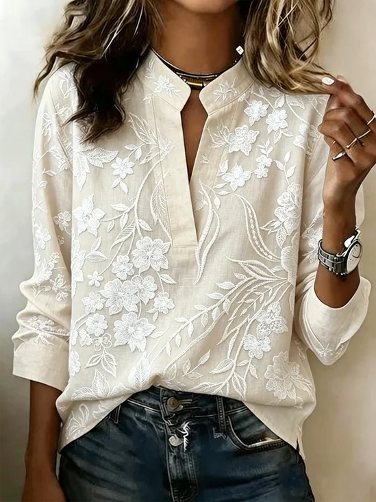 V Neck Long Sleeve Floral Regular Loose Blouse For Women
