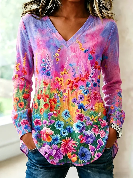 V Neck Long Sleeve Floral Regular Loose Shirt For Women