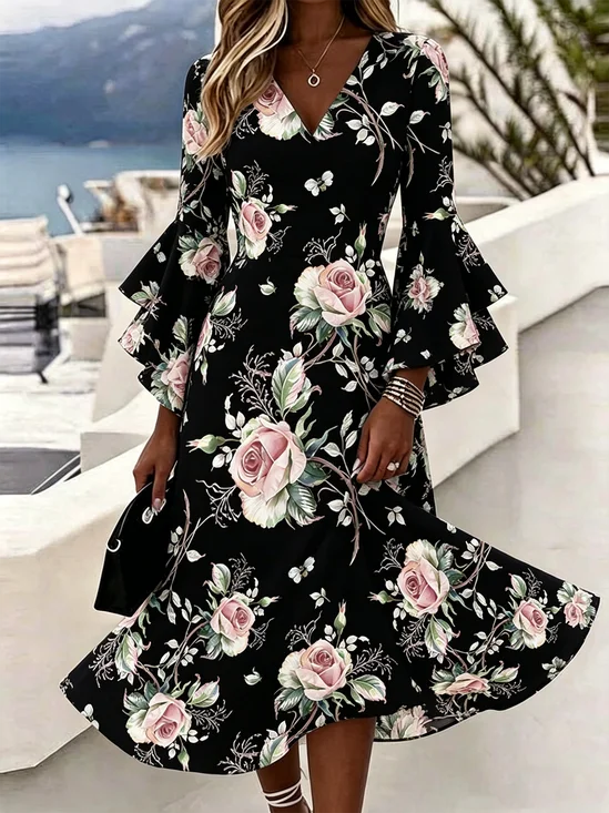 Women Floral Bell Sleeve Summer Dress V Neck Half Sleeve A-Line Dress