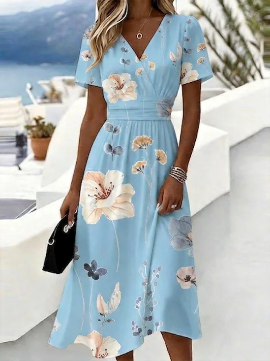 Women Floral Summer Dress V
                                    Neck Short Sleeve Beach Dress A-Line
                                    Dress