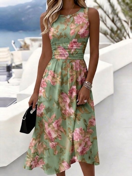 Women Floral Summer Dress Crew
                                    Neck Sleeveless A-Line Dress
