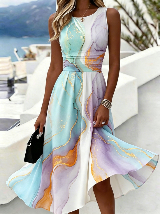 Women Gradient Pattern Summer
                                    Dress Crew Neck Sleeveless A-Line
                                    Dress