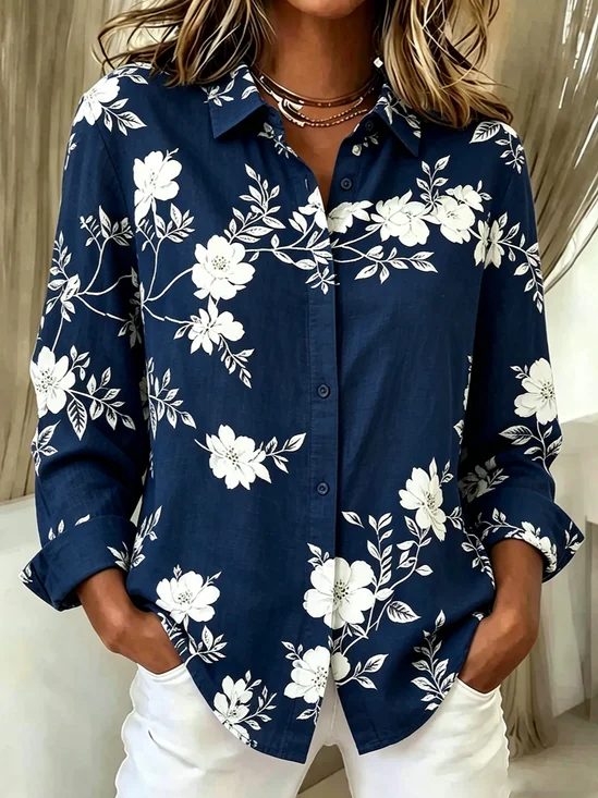 Shirt Collar Long Sleeve Floral Regular High Elasticity Loose Shirt For Women