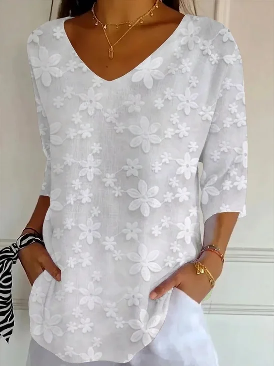 Casual Floral V Neck Three Quarter Sleeve T-shirt
