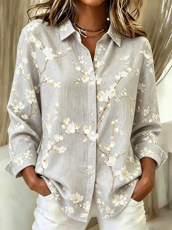 Shirt Collar Long Sleeve Floral Regular High Elasticity Loose Shirt For Women