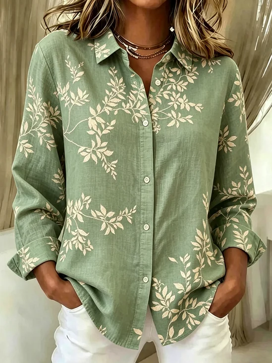 Shirt Collar Long Sleeve Botanical Pattern Regular High Elasticity Loose Shirt For Women