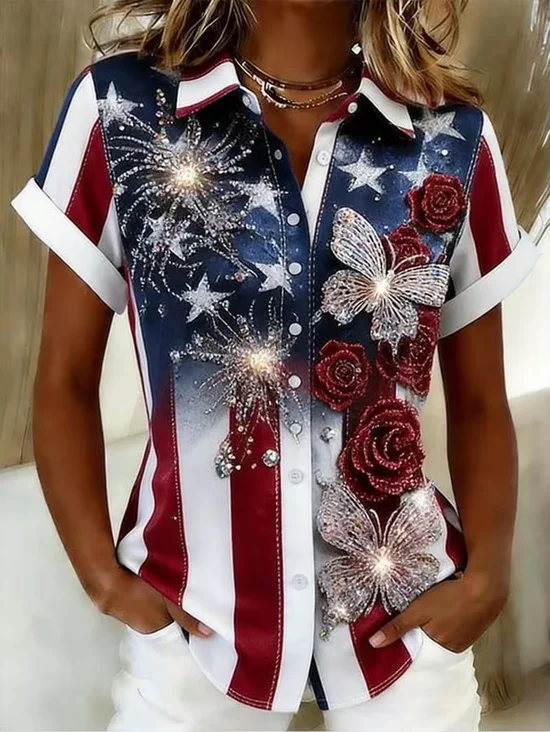 Shirt Collar Short Sleeve Floral Printing Regular Micro-Elasticity Loose Button Up Shirt Shirt For Women