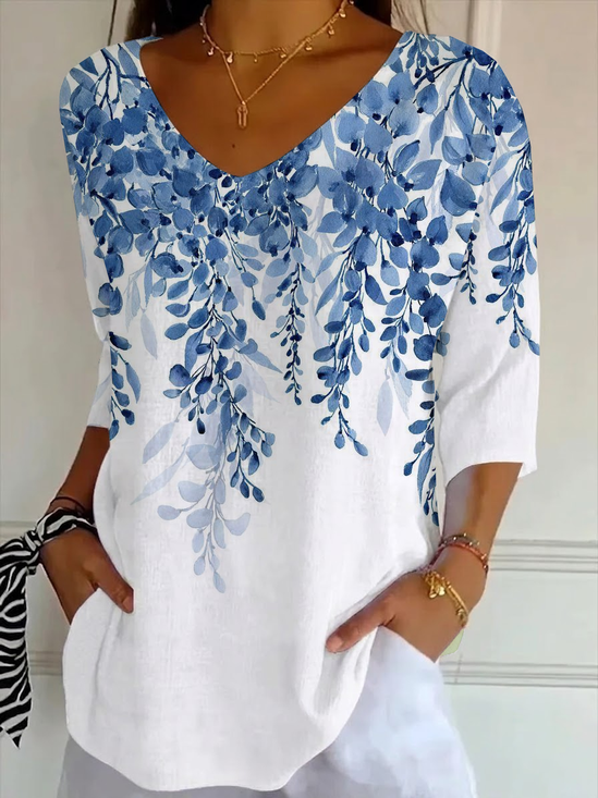 Casual Floral V Neck Three Quarter Sleeve T-shirt