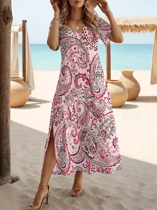 Women Floral Summer
                                        Printing Dress Crew Neck Short
                                        Sleeve T-Shirt Dress H-Line
                                        Dress