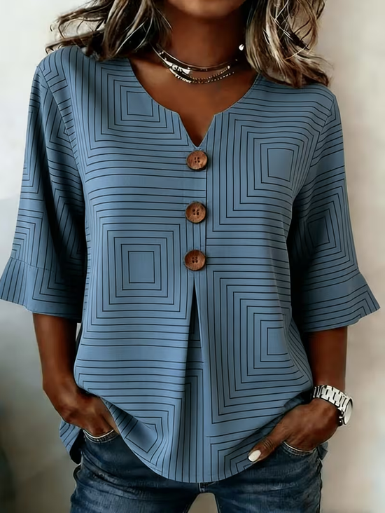 V Neck Half Sleeve Striped Printing Regular Micro-Elasticity Regular Fit Blouse For Women