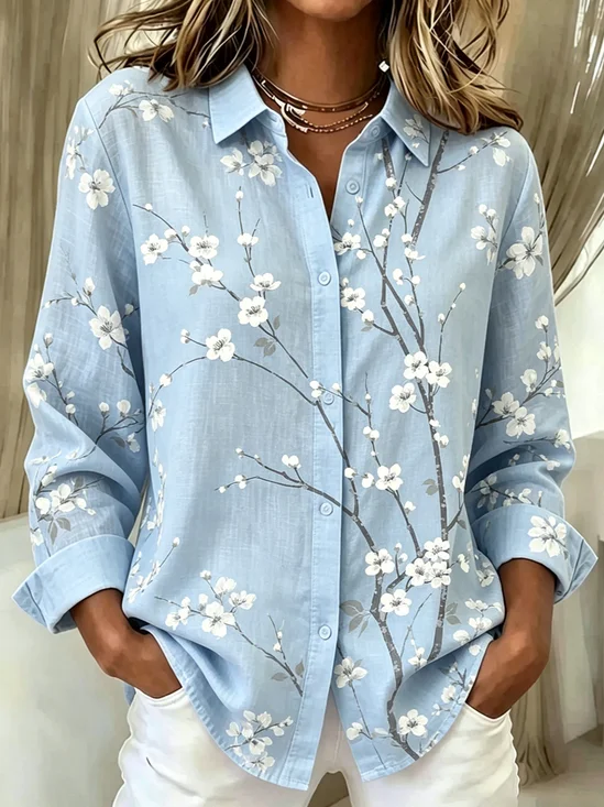 Shirt Collar Long Sleeve Floral Regular High Elasticity Loose Shirt For Women
