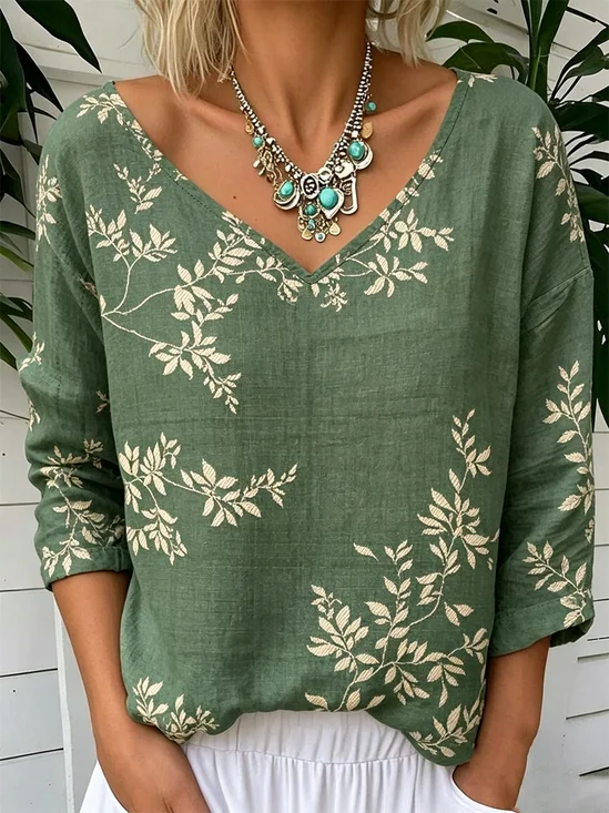 Vintage Botanical Pattern V Neck Long Sleeve T-shirt