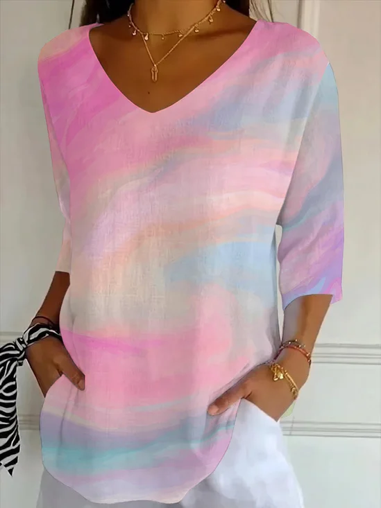 Casual Abstract V Neck Three Quarter Sleeve T-shirt