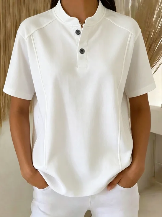 Vintage Plain Henley Collar Short Sleeve T-shirt