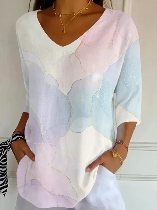Casual Abstract V Neck Three Quarter Sleeve T-shirt