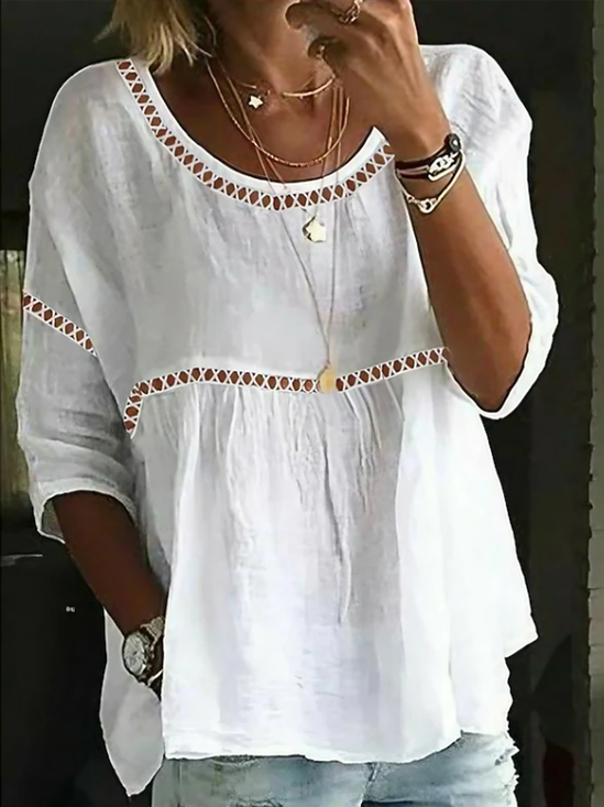Crew Neck Half Sleeve Plain Hollow Out Regular Micro-Elasticity Loose Blouse For Women