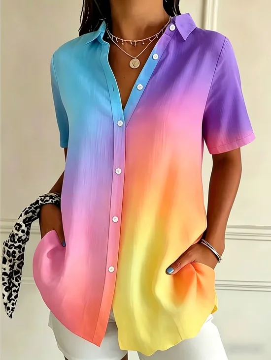 Shirt Collar Short Sleeve Ombre Printing Regular Micro-Elasticity Loose Button Up Shirt Shirt For Women