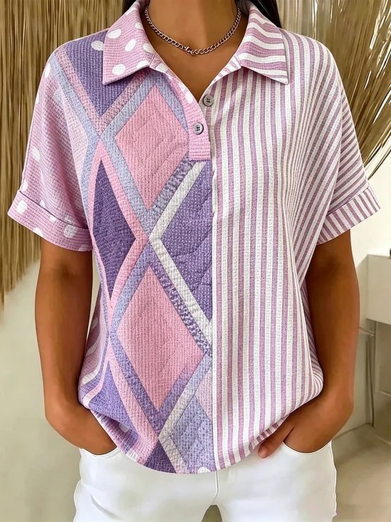 Vintage Striped Polo Collar Short Sleeve T-shirt