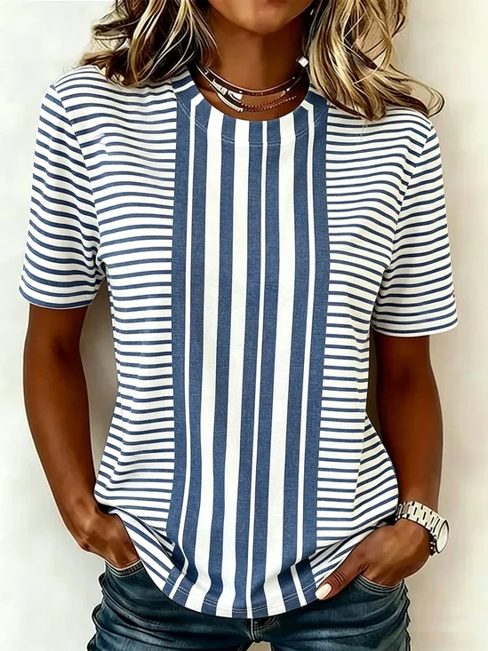 Casual Striped Crew Neck Short Sleeve T-shirt