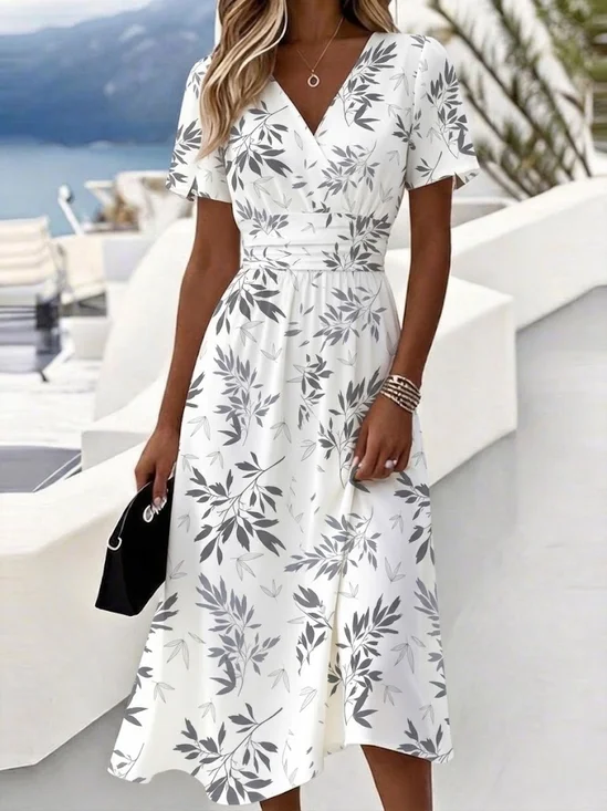 Women Leaf Summer Dress V Neck
                                    Short Sleeve Beach Dress A-Line
                                    Dress