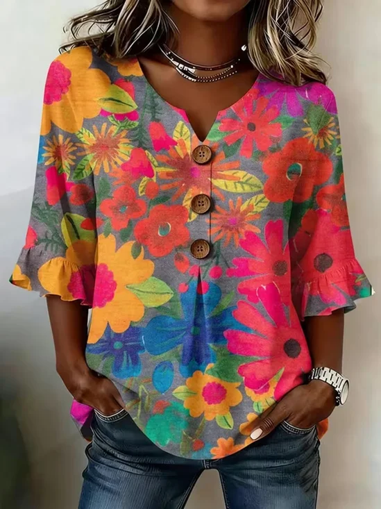 V Neck Half Sleeve Floral Printing Regular Micro-Elasticity Regular Fit Blouse For Women