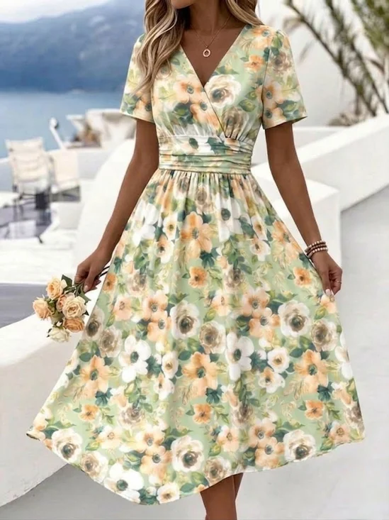 Women Floral Summer Dress V Neck Short Sleeve Beach Dress A-Line Dress