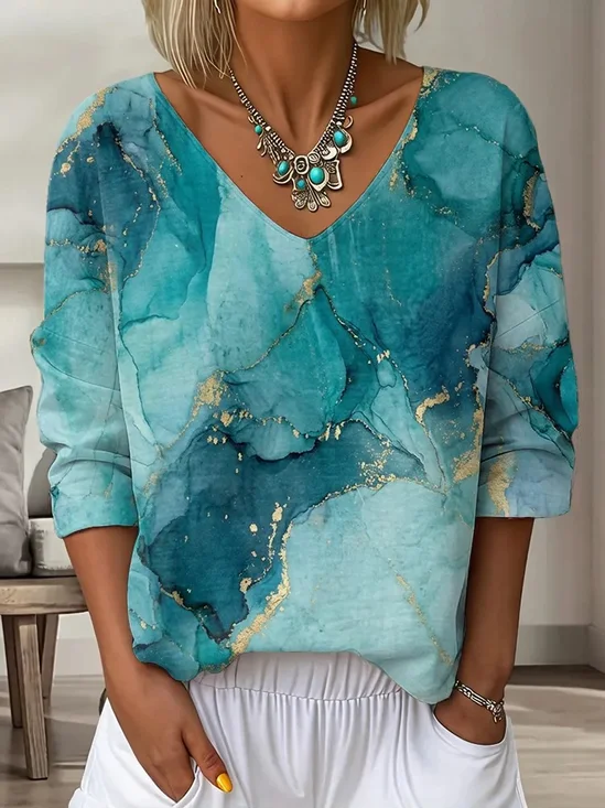 Vintage Gradient Pattern V Neck Long Sleeve T-shirt