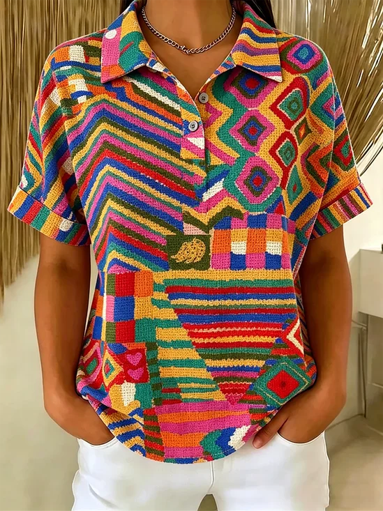 Vintage Geometric Polo Collar Short Sleeve T-shirt