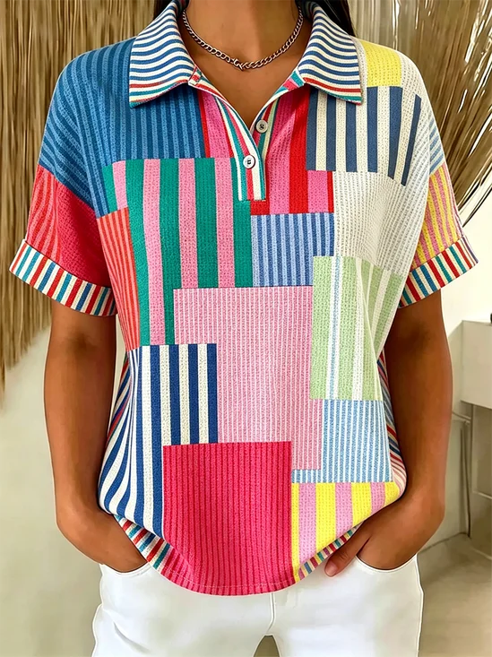 Vintage Striped Polo Collar Short Sleeve T-shirt