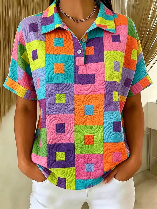 Vintage Geometric Polo Collar Short Sleeve T-shirt