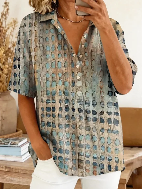 Shirt Collar Short Sleeve Abstract Printing Regular Micro-Elasticity Loose Button Up Shirt Shirt For Women