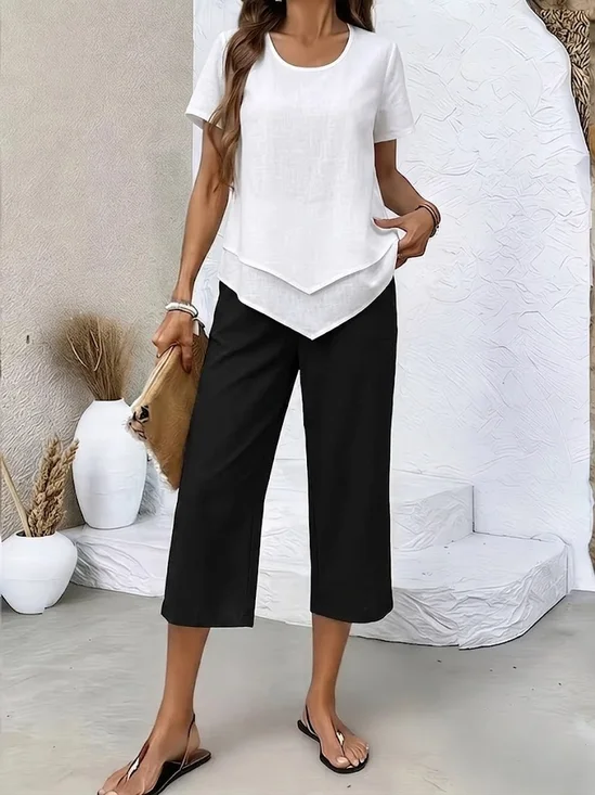 Women Plain Printing Two-Piece Set Daily Short Sleeve Casual Summer Top With Pants Matching Set