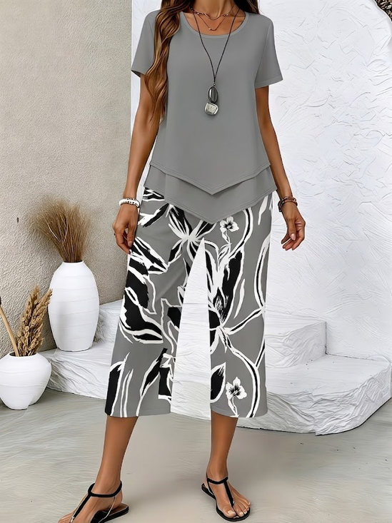 Women Abstract Printing Two-Piece Set Daily Short Sleeve Casual Summer Top With Pants Matching Set
