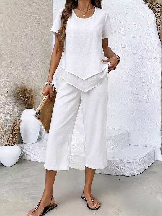 Women Plain Printing Two-Piece Set Daily Short Sleeve Casual Summer Top With Pants Matching Set
