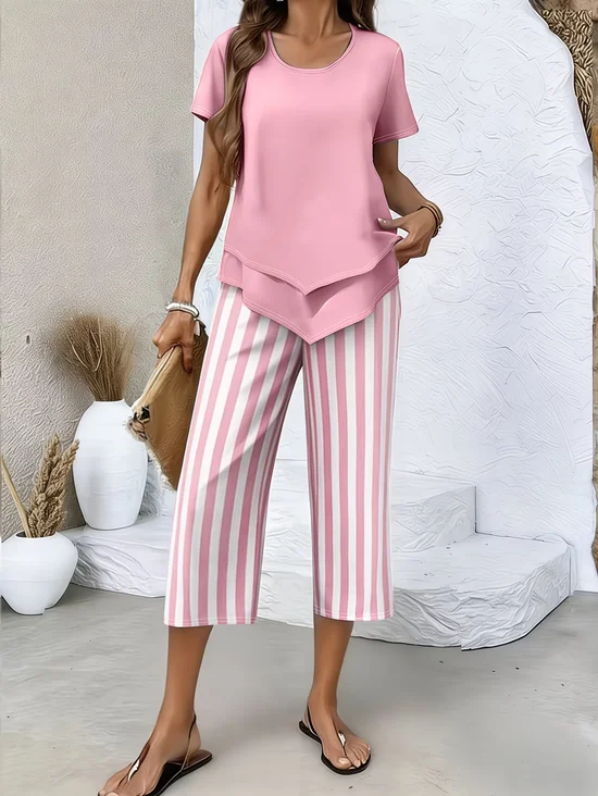 Women Striped Printing Two-Piece Set Daily Short Sleeve Casual Summer Top With Pants Matching Set
