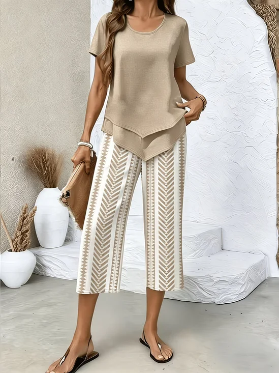Women Abstract Printing Two-Piece Set Daily Short Sleeve Casual Summer Top With Pants Matching Set