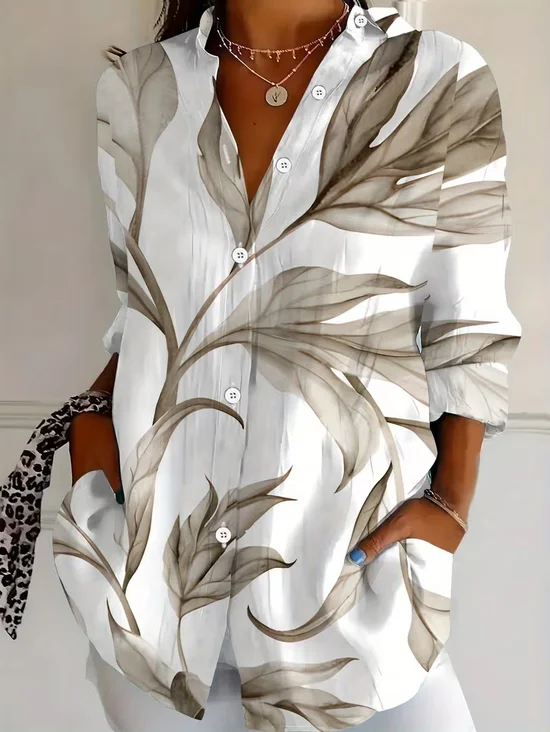 Shirt Collar Regular Sleeve Long Sleeve Plants Buckle Regular Loose Button Up Shirt Shirt For Women