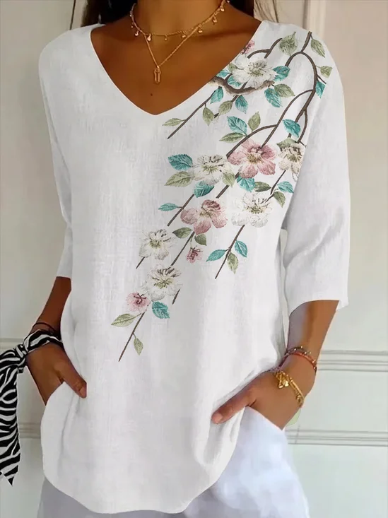 Casual Floral V Neck Three Quarter Sleeve T-shirt